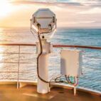 Summer cruise vacation concept. Panoramic view of the sea with a beautiful sunset just above the horizon. Von Nancy Pauwels